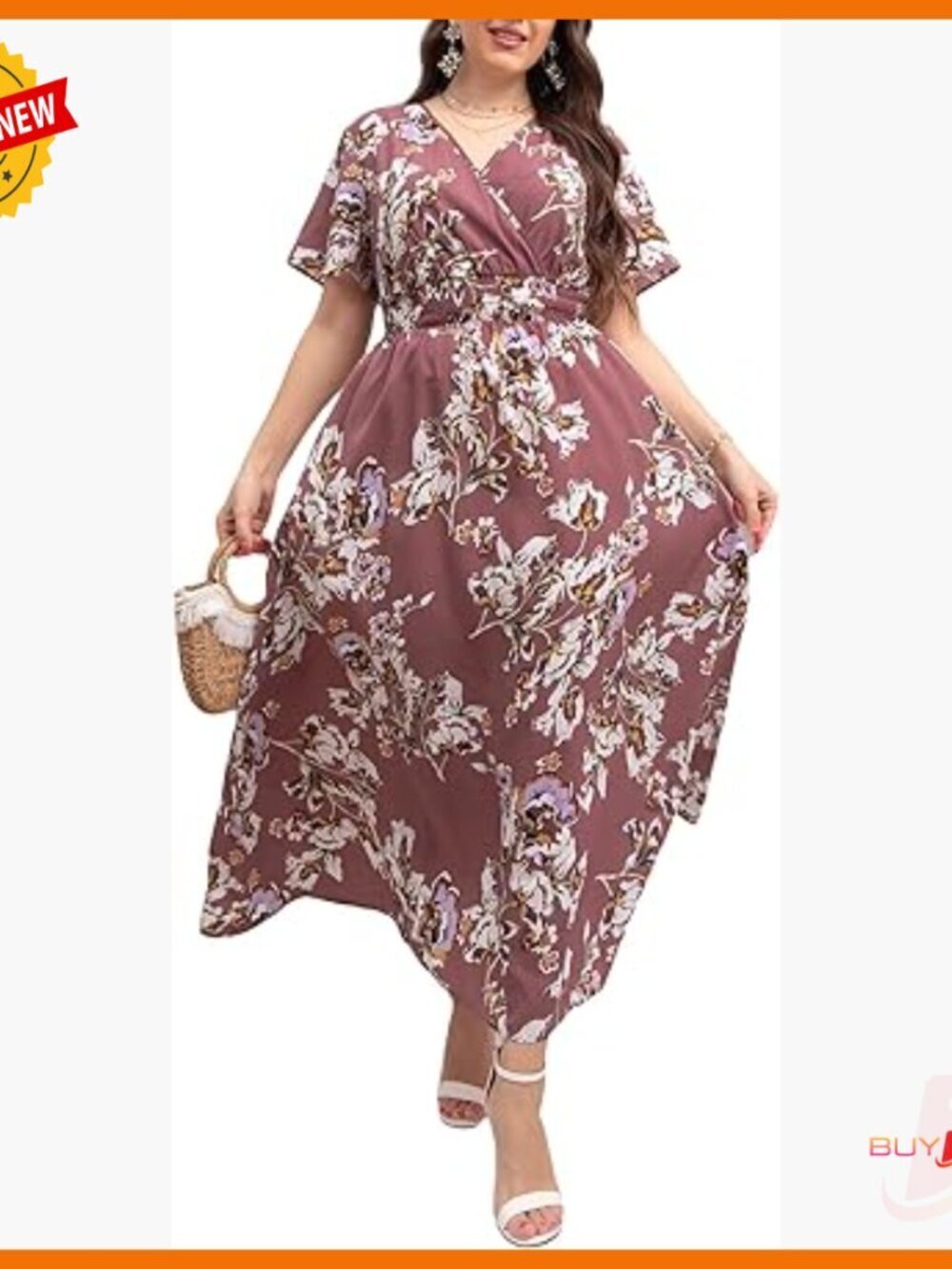 Plus Size Floral Maxi Dress Shirred Bust Flounce Sleeve Boho Beach Wedding